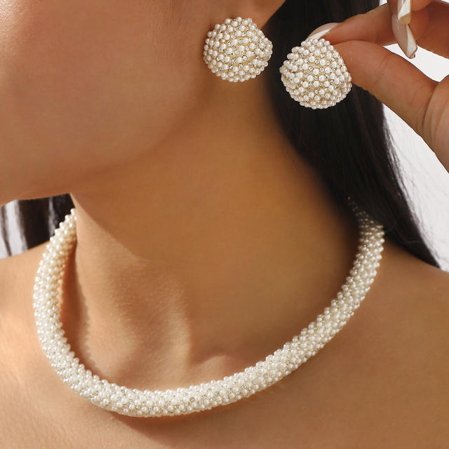 Elegant french trend pearl bead pave setting choker necklace earrings suit