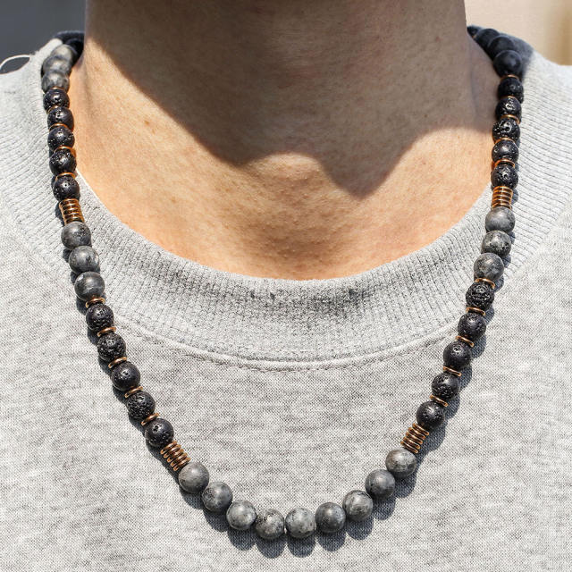 Exaggerated Flash Stone Volcano Stone Beaded Necklace Hip-hop Black Gallstone Long Necklace for men