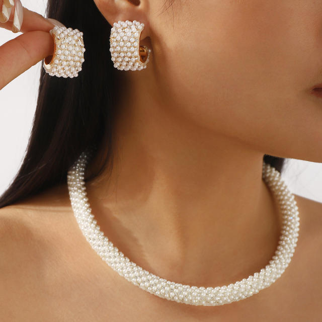 Elegant french trend pearl bead pave setting choker necklace earrings suit