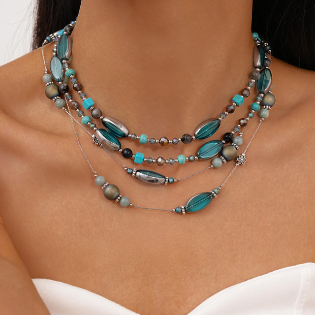 Retro Stone Glass Oval Geometric Round Beaded Necklace