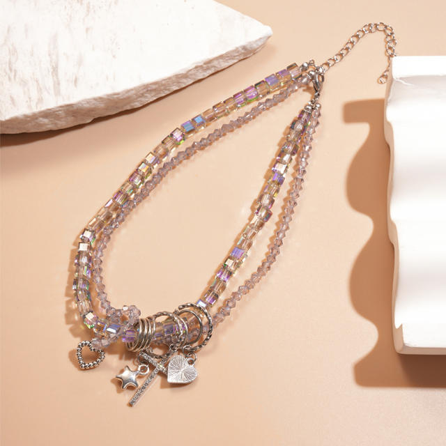 Sweet Artificial crystal bead diamond heart star charm choker necklace