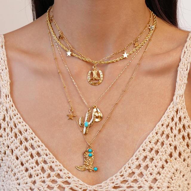 Four-Piece Set of Cowboy Hat  Cactus Shoes Star Pendants necklace set