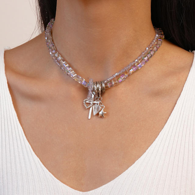 Sweet Artificial crystal bead diamond heart star charm choker necklace