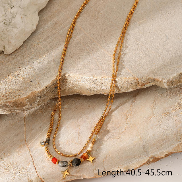 Multi-layer Color Natural Stone Star Sun Pendant Necklace stainless steel necklace