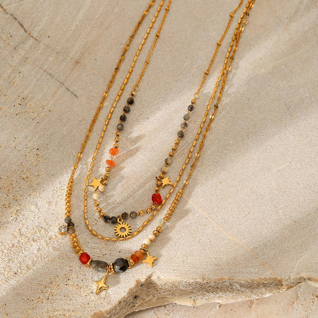 Multi-layer Color Natural Stone Star Sun Pendant Necklace stainless steel necklace