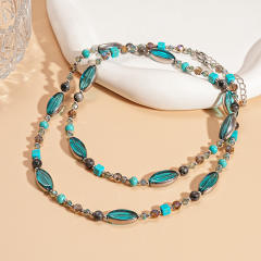 Retro Stone Glass Oval Geometric Round Beaded Necklace