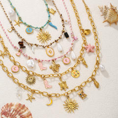 Amazon Best-Selling Summer Starfish Pearl Love Turtle Sun multi charm Necklace Dopamine Stainless Steel Clavicle Chain
