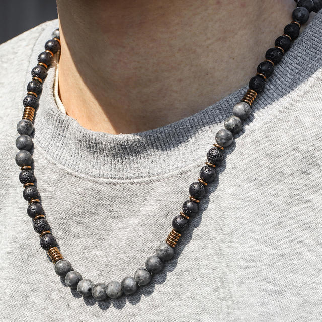Exaggerated Flash Stone Volcano Stone Beaded Necklace Hip-hop Black Gallstone Long Necklace for men