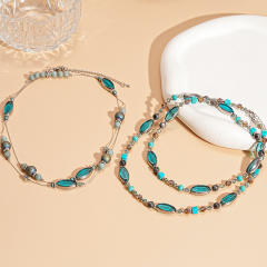 Retro Stone Glass Oval Geometric Round Beaded Necklace