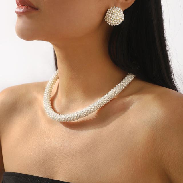 Elegant french trend pearl bead pave setting choker necklace earrings suit