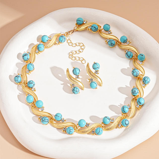Diamond-Encrusted Turquoise Geometric Round Choker Necklace earrings suit