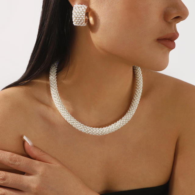 Elegant french trend pearl bead pave setting choker necklace earrings suit
