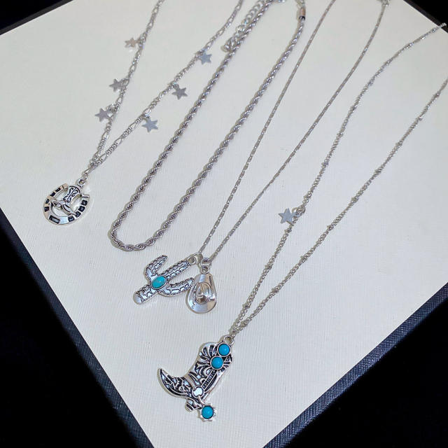 Four-Piece Set of Cowboy Hat  Cactus Shoes Star Pendants necklace set