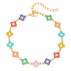 Summer rainbow color enamel hollow clover stainless steel necklace bracelet suit