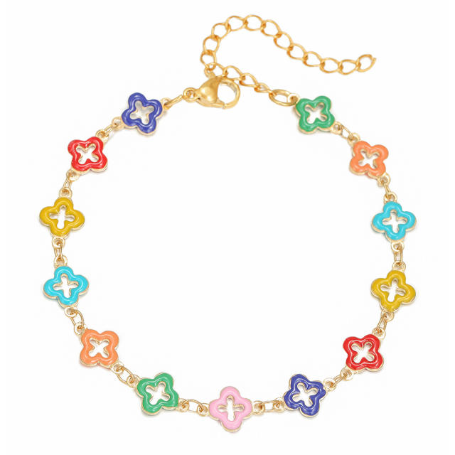 Summer rainbow color enamel hollow clover stainless steel necklace bracelet suit