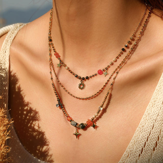 Multi-layer Color Natural Stone Star Sun Pendant Necklace stainless steel necklace