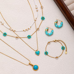 Vintage turquoise stone bead stainless steel necklace enamel hoop earrings