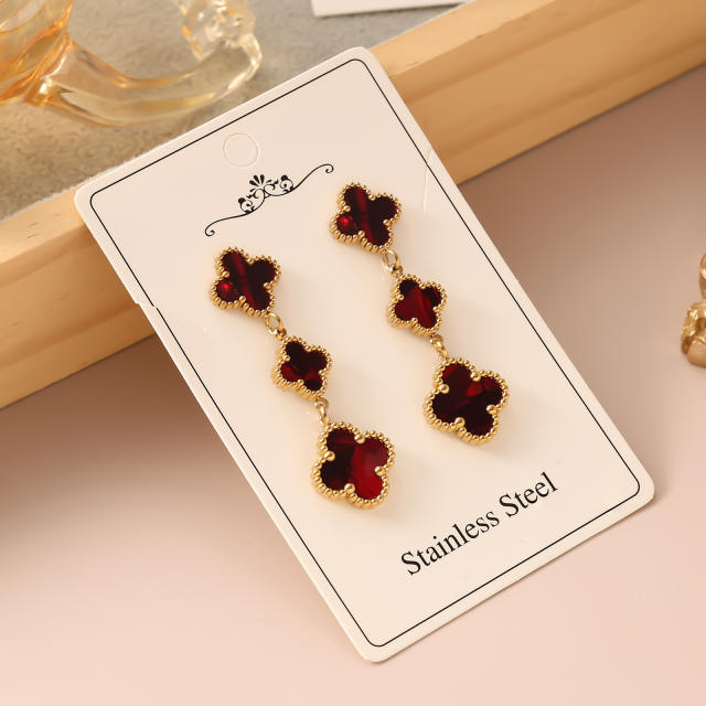 Colorful four leaf clover stainless steel earrings
