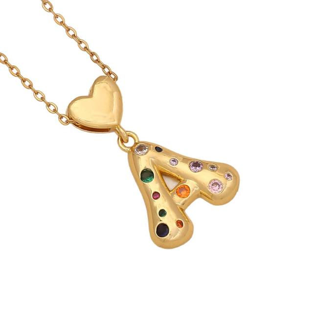 Hiphop rainbow cz inlaid initial letter charm gold plated copper necklace