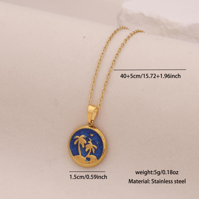 Summer color enamel cocount tree pendant stainless steel necklace