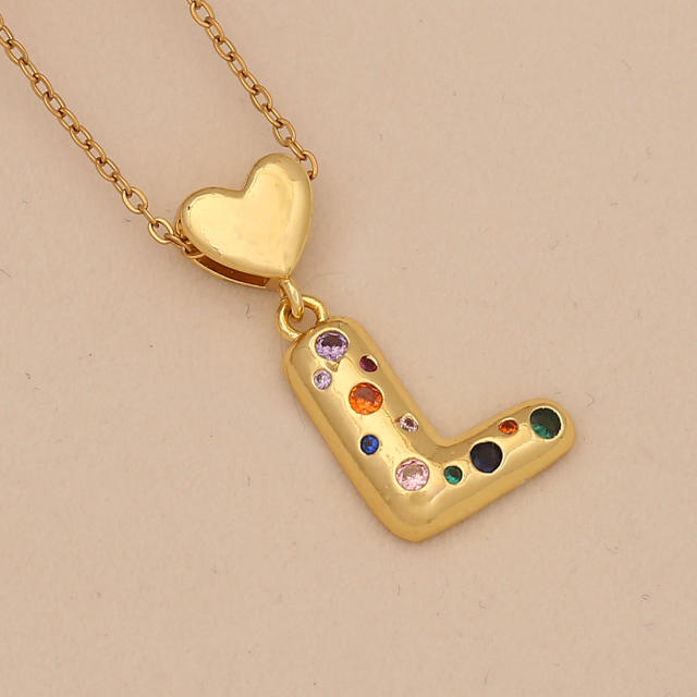 Hiphop rainbow cz inlaid initial letter charm gold plated copper necklace