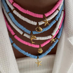 Hot-selling Color String Ocean Wind Starfish Shell Dolphin Necklace clay bead necklace
