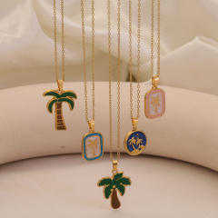 Summer color enamel cocount tree pendant stainless steel necklace