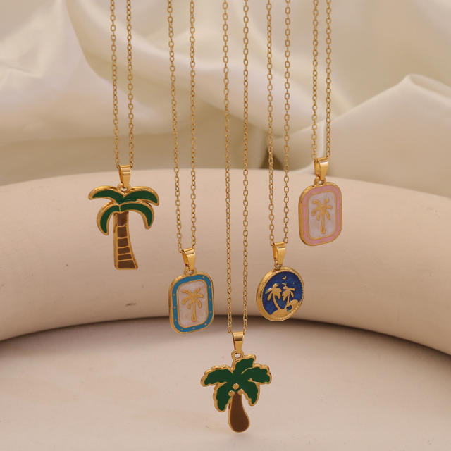 Summer color enamel cocount tree pendant stainless steel necklace