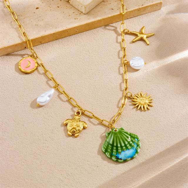 Scallop Starfish Turtle Sun Stainless Steel charm Marine Series Holiday necklace