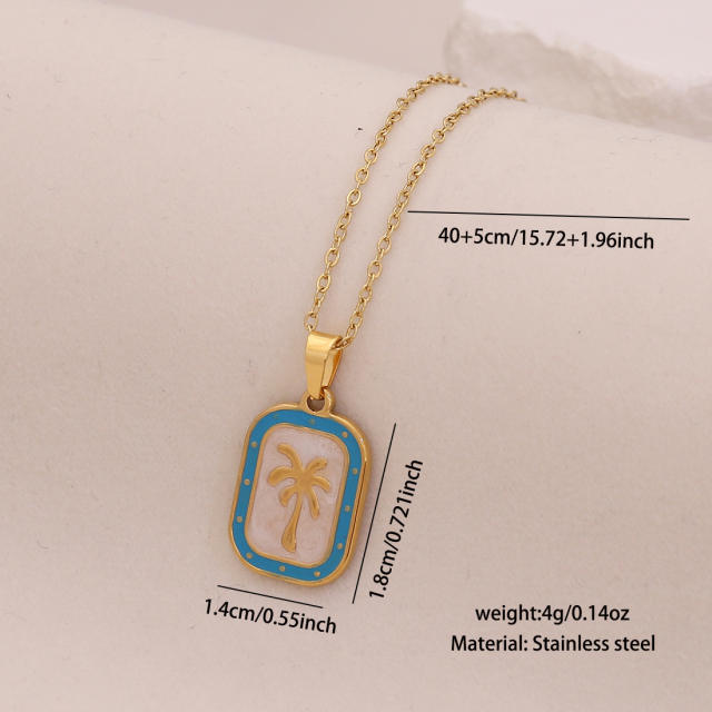Summer color enamel cocount tree pendant stainless steel necklace
