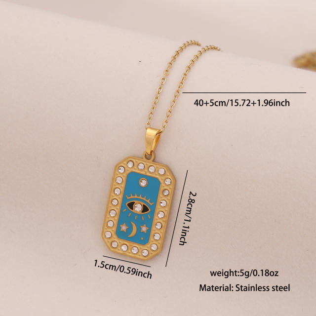Vintage enamel round block pendant moon star evil eye stainless steel necklace