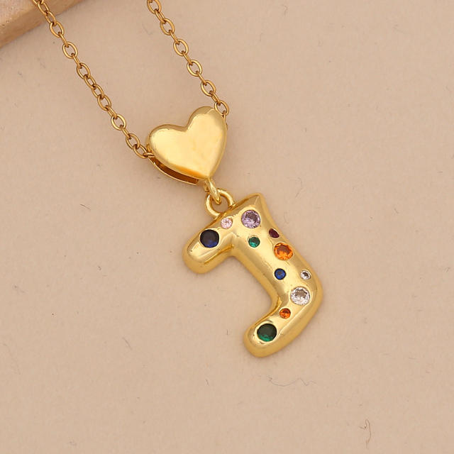 Hiphop rainbow cz inlaid initial letter charm gold plated copper necklace