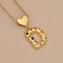 Hiphop rainbow cz inlaid initial letter charm gold plated copper necklace