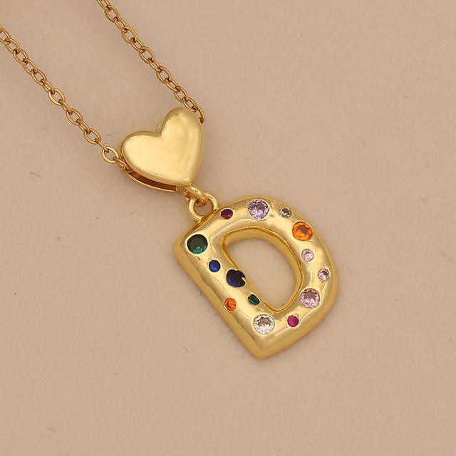 Hiphop rainbow cz inlaid initial letter charm gold plated copper necklace