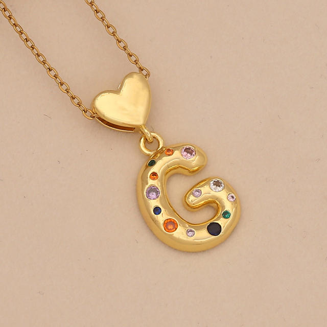 Hiphop rainbow cz inlaid initial letter charm gold plated copper necklace