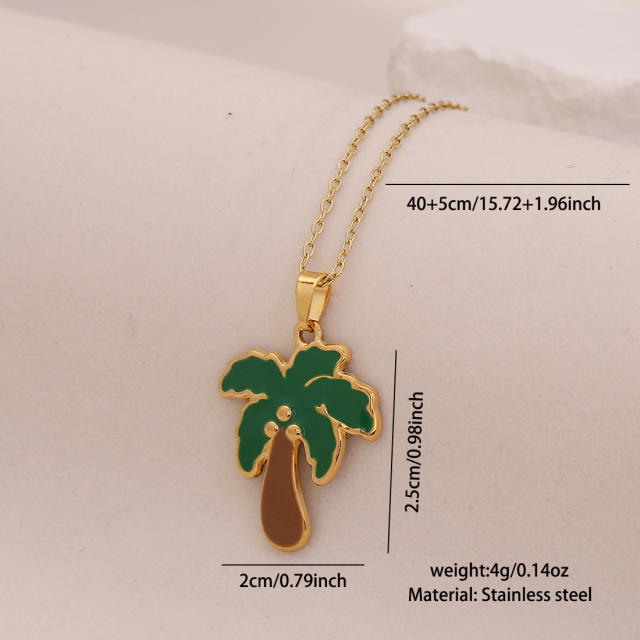 Summer color enamel cocount tree pendant stainless steel necklace