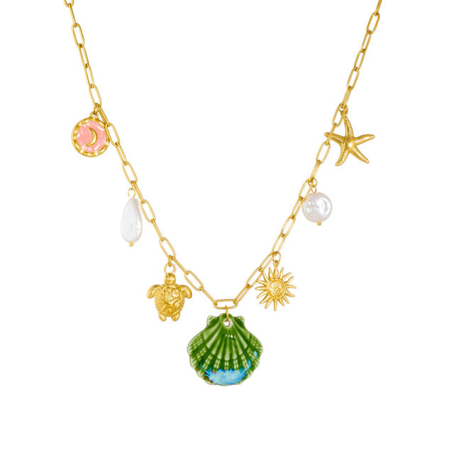 Scallop Starfish Turtle Sun Stainless Steel charm Marine Series Holiday necklace