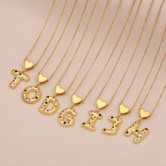 Hiphop rainbow cz inlaid initial letter charm gold plated copper necklace