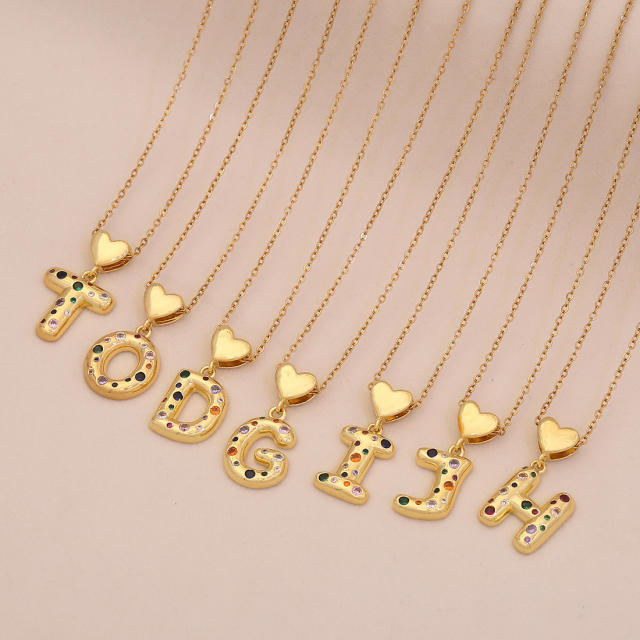 Hiphop rainbow cz inlaid initial letter charm gold plated copper necklace