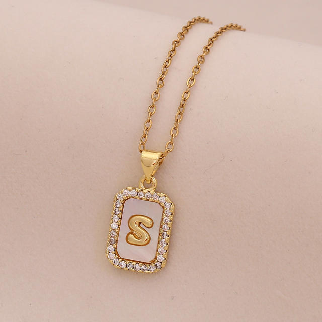 18K initial letter block pendant gold plated copper necklace