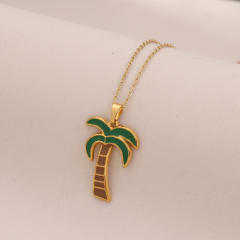 Summer color enamel cocount tree pendant stainless steel necklace