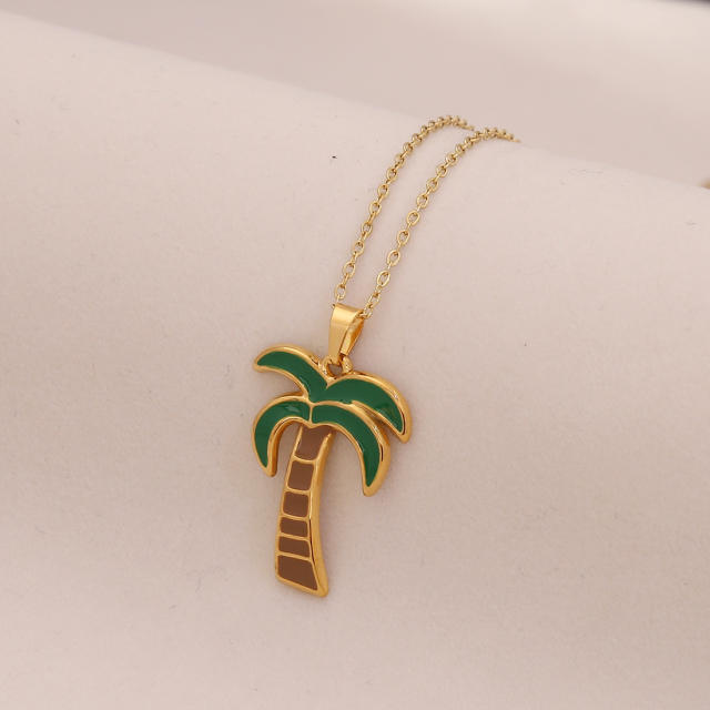 Summer color enamel cocount tree pendant stainless steel necklace
