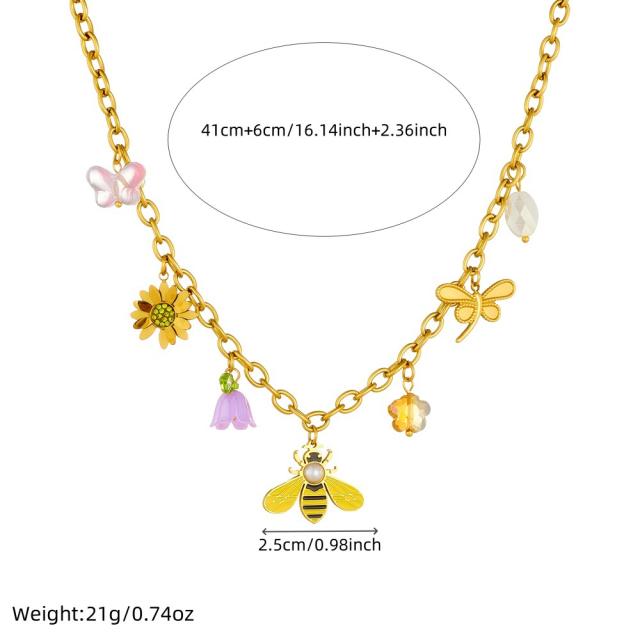 Multi-Element enamel Cartoon Bee Sunflower Dragonfly charm Stainless Steel Necklace