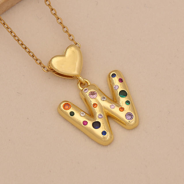 Hiphop rainbow cz inlaid initial letter charm gold plated copper necklace
