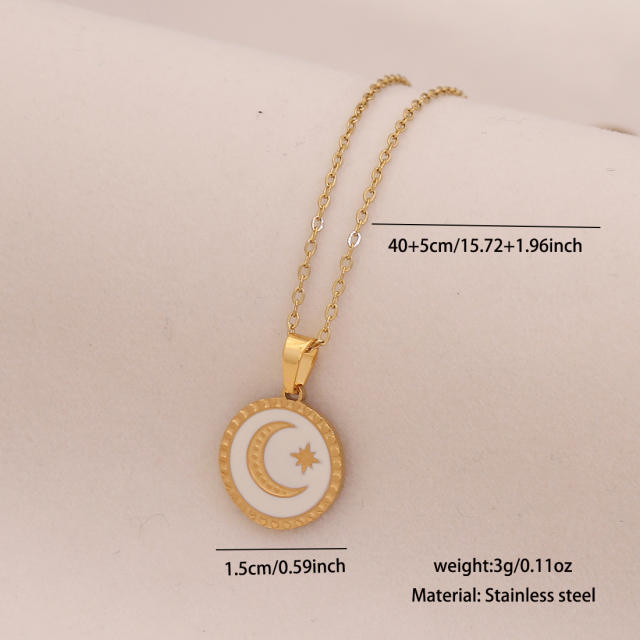 Vintage enamel round block pendant moon star evil eye stainless steel necklace