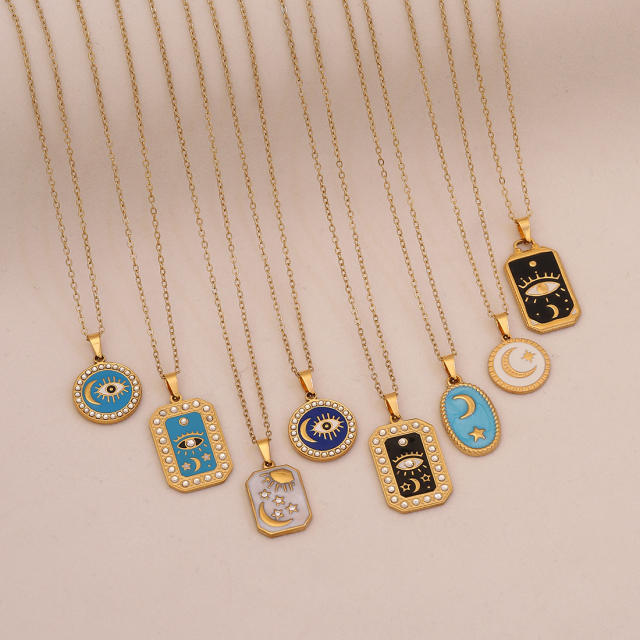 Vintage enamel round block pendant moon star evil eye stainless steel necklace