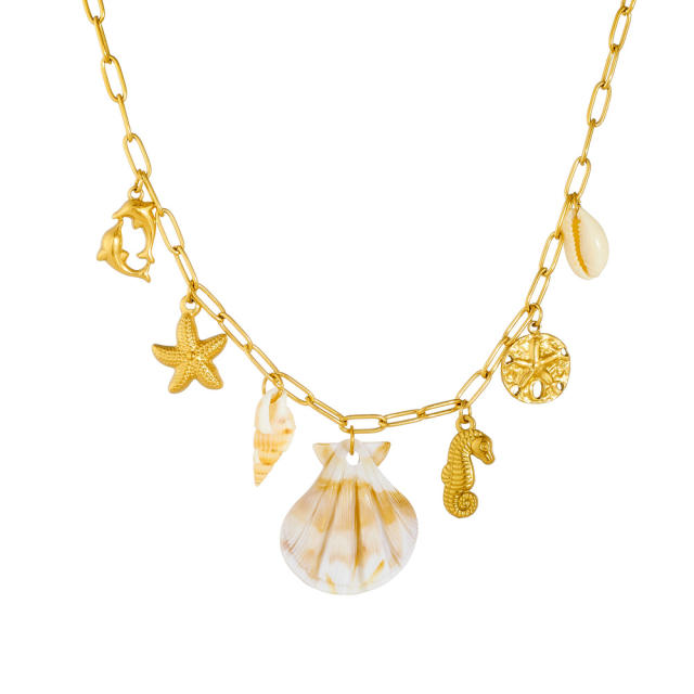 Ocean Series Scallop Seahorse Tropical Fish Starfish charm Stainless Steel Gold-Plated Necklace