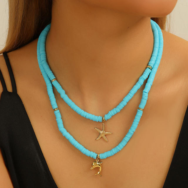 Hot-selling Color String Ocean Wind Starfish Shell Dolphin Necklace clay bead necklace