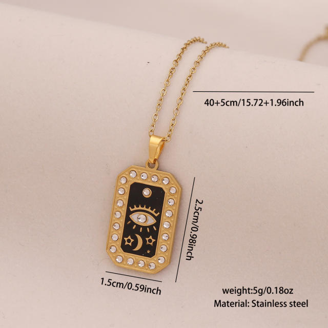 Vintage enamel round block pendant moon star evil eye stainless steel necklace