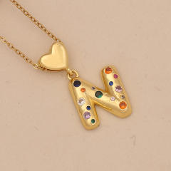 Hiphop rainbow cz inlaid initial letter charm gold plated copper necklace